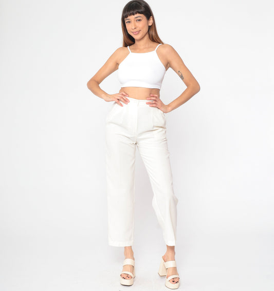 80s Off-White Pleated High-Waisted Straight Leg Trousers Extra Small