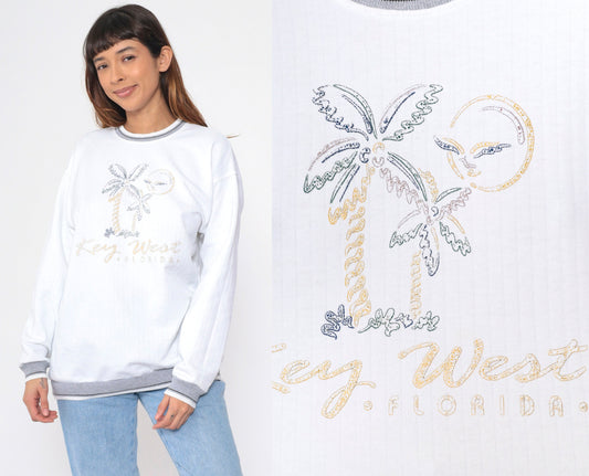 90s Key West Florida Sweatshirt White Graphic Beach Palm Ringer Large L