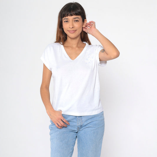 80s Allana of New York Floral Embroidered T-Shirt White Cap Sleeve V-Neck Large