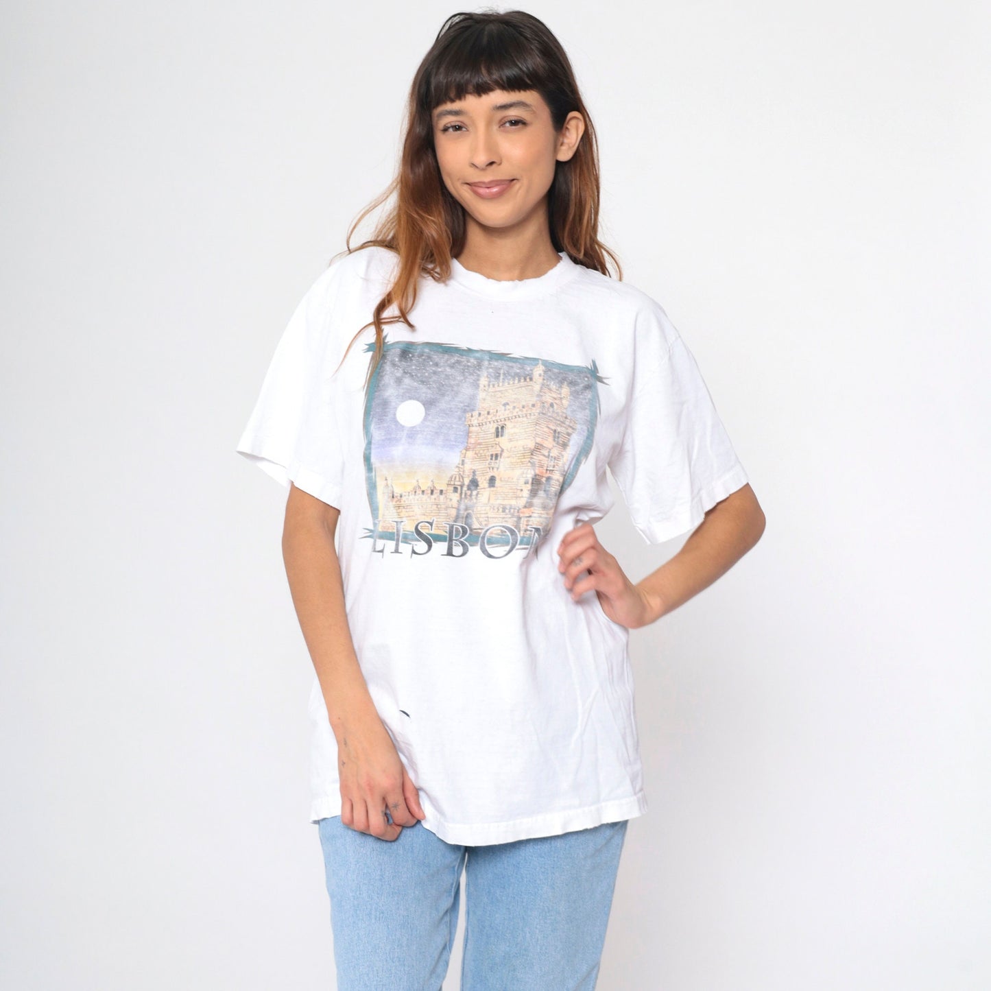 90s Lisbon Belém Tower Portugal Graphic T-Shirt White Distressed Large