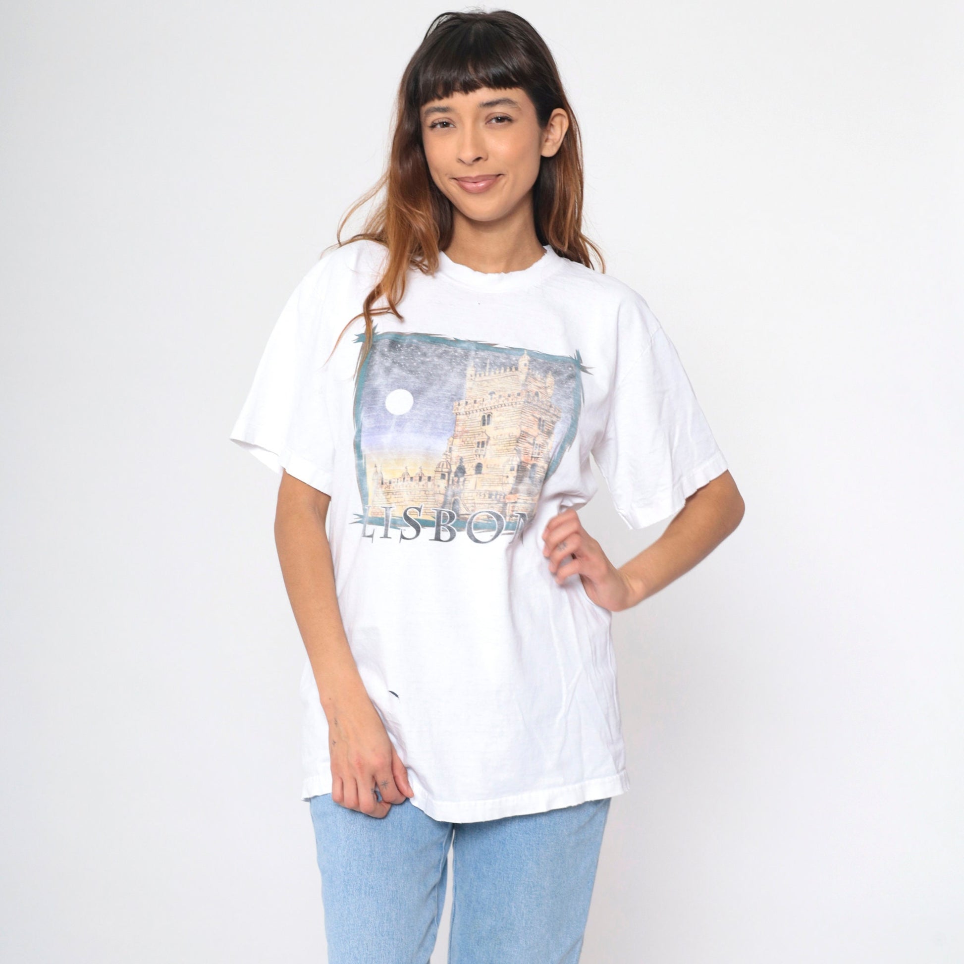 90s Lisbon Belém Tower Portugal Graphic T-Shirt White Distressed Large