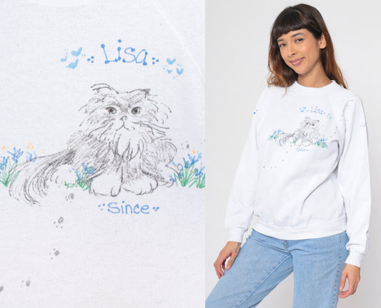 90s Hand Painted Cat Lisa Sweatshirt White Hanes Raglan Medium