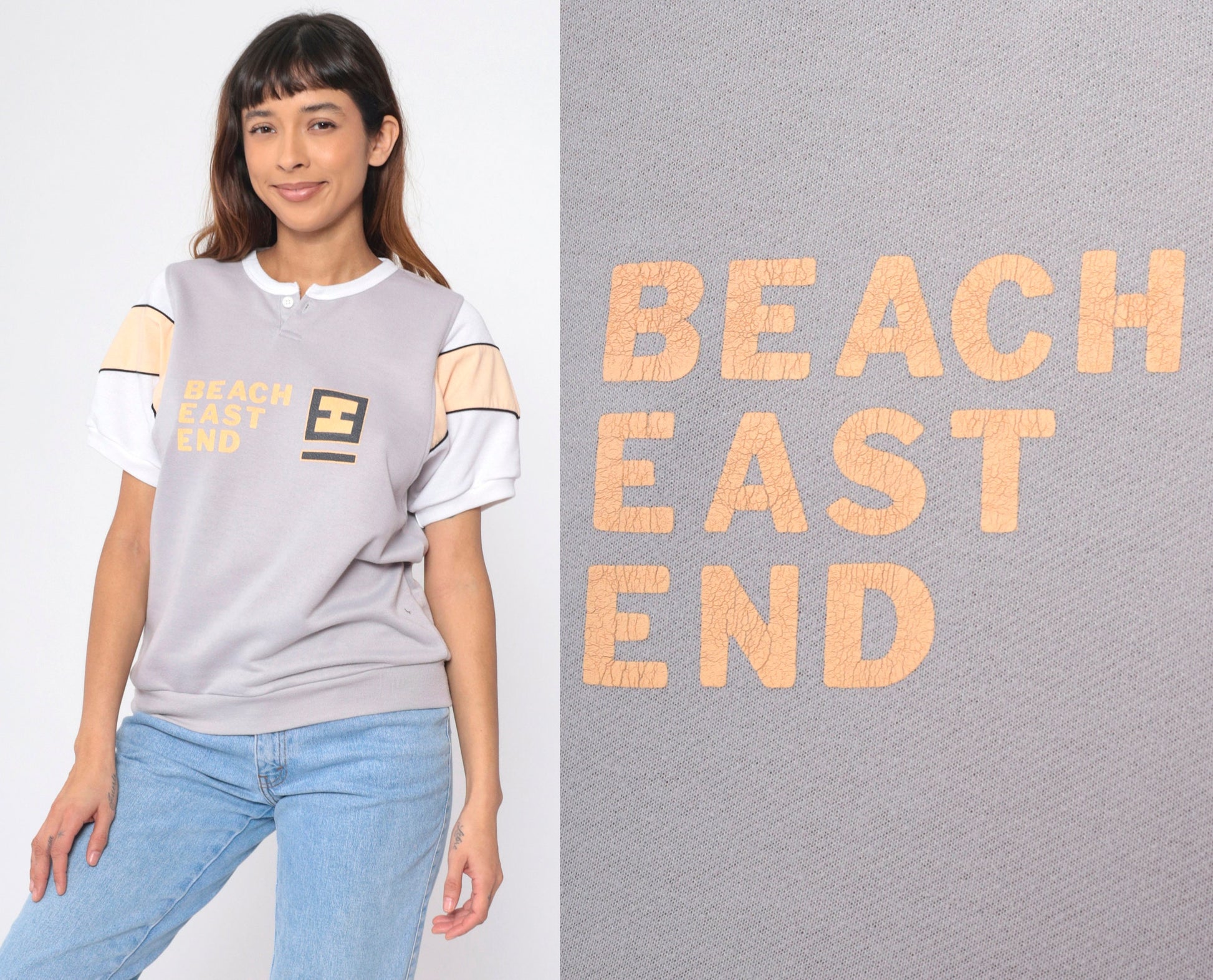 90s Beach East End Graphic Henley Shirt Grey Peach Striped Medium