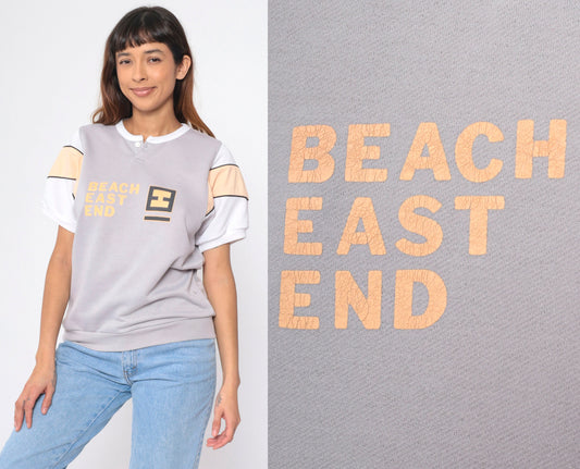 90s Beach East End Graphic Henley Shirt Grey Peach Striped Medium