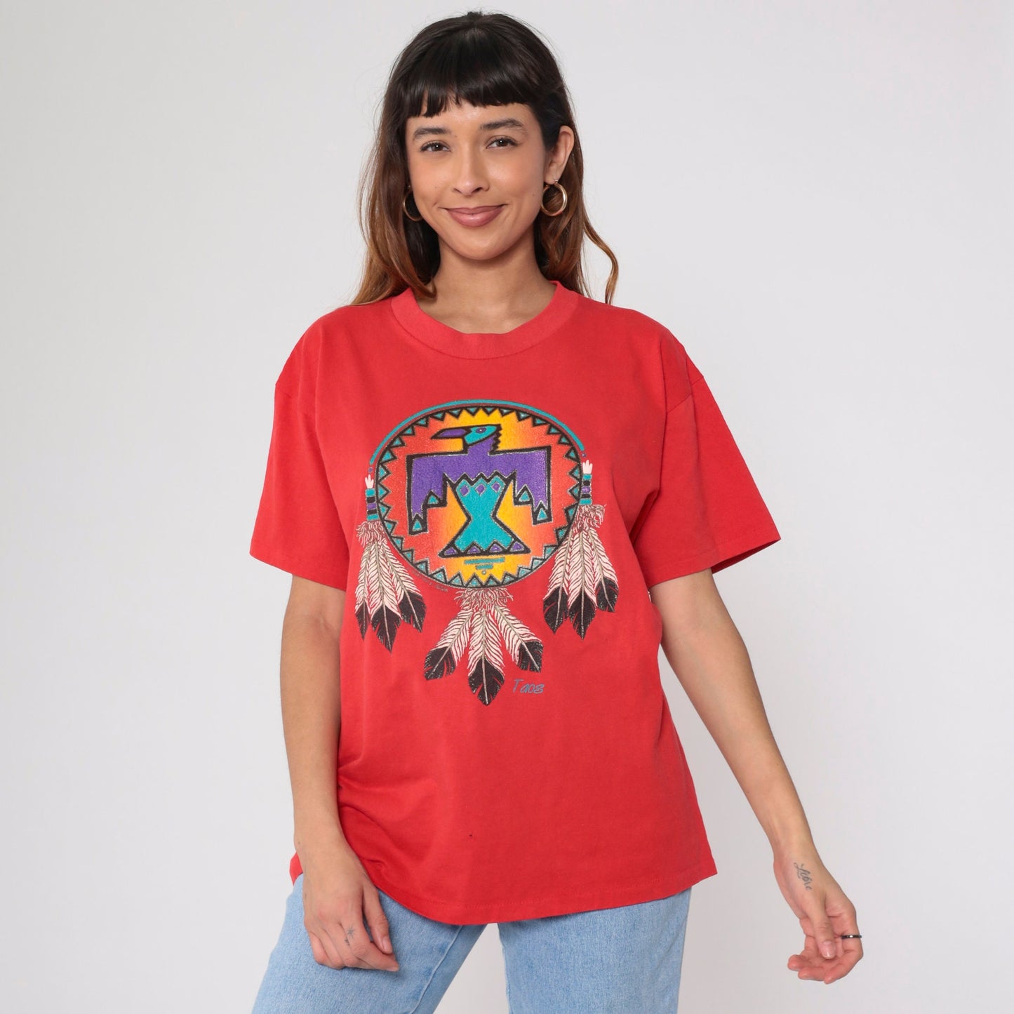 90s Taos New Mexico Eagle Graphic Tee Red Glitter Native American Large L
