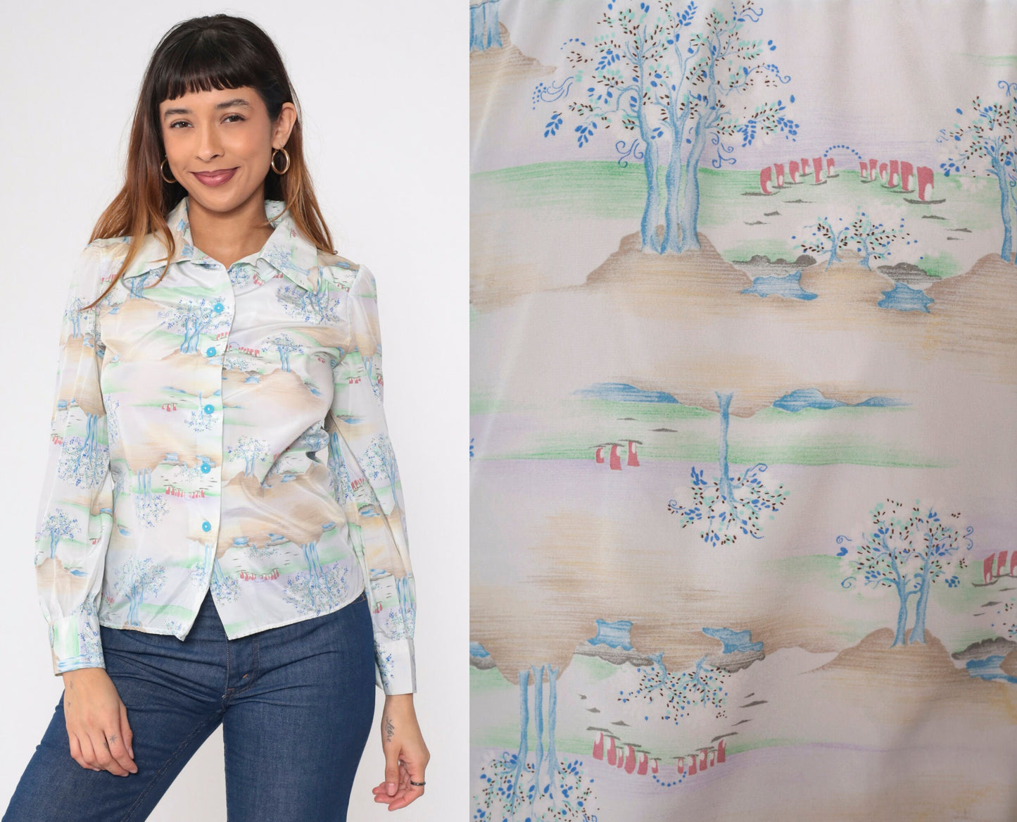 70s Tree Print Button-Up Blouse Long Sleeve Collared Psychedelic Forest Shirt Small