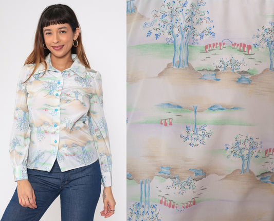 70s Tree Print Button-Up Blouse Long Sleeve Collared Psychedelic Forest Shirt Small