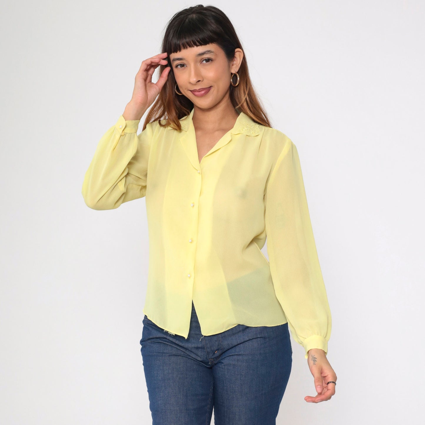 70s Yellow Sheer Blouse Floral Embroidered Collar Button-Up Long Sleeve Medium
