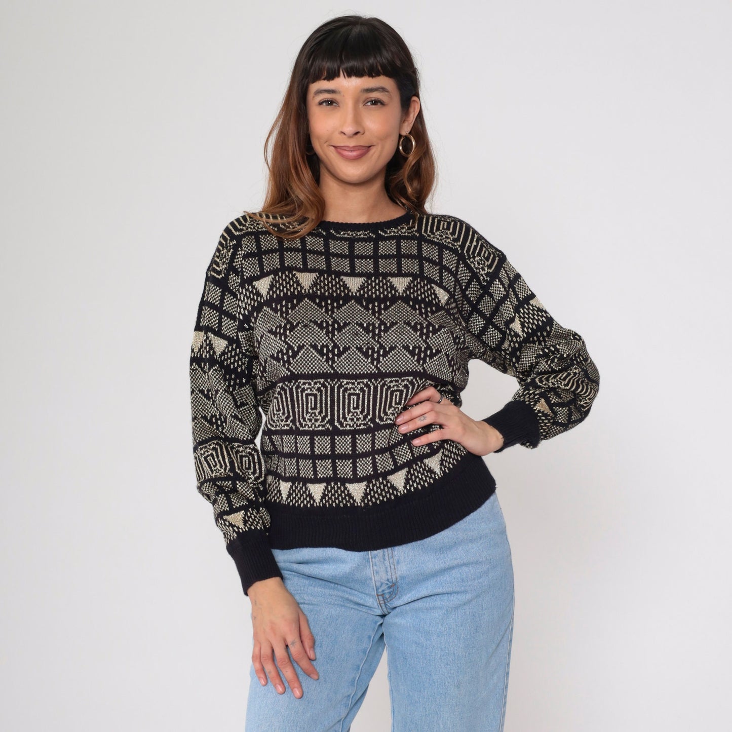80s Campus Casuals Metallic Geometric Sweater Black Gold Jacquard Small