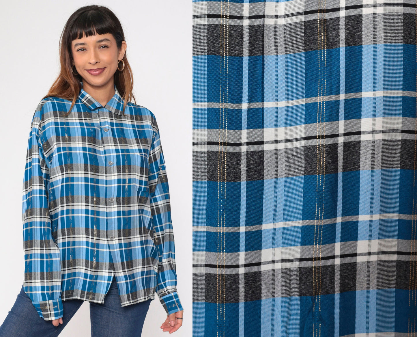 70s Metallic Plaid Blue Button-Up Shirt Pilgrim Western Long Sleeve Large