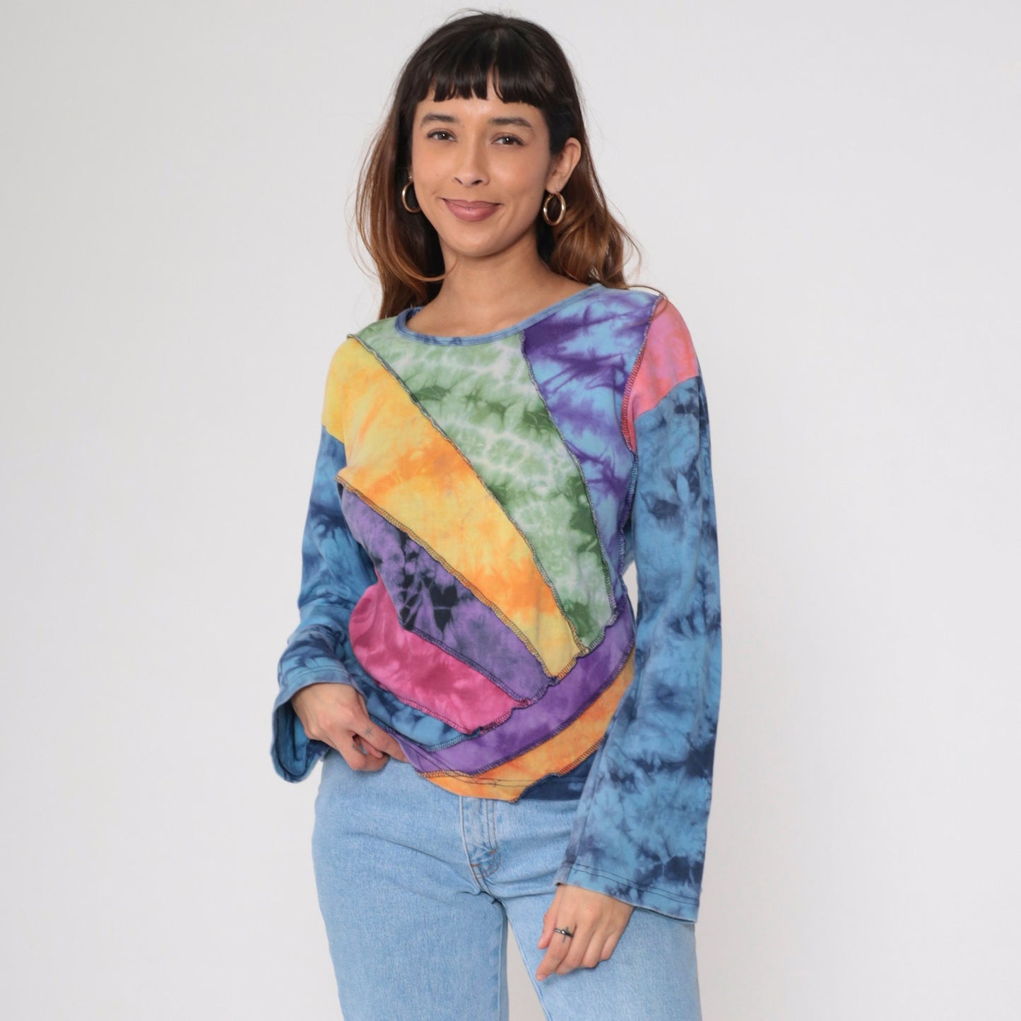00s Tie Dye Panel Long Sleeve T Shirt Blue Green Yellow Purple Cotton Medium
