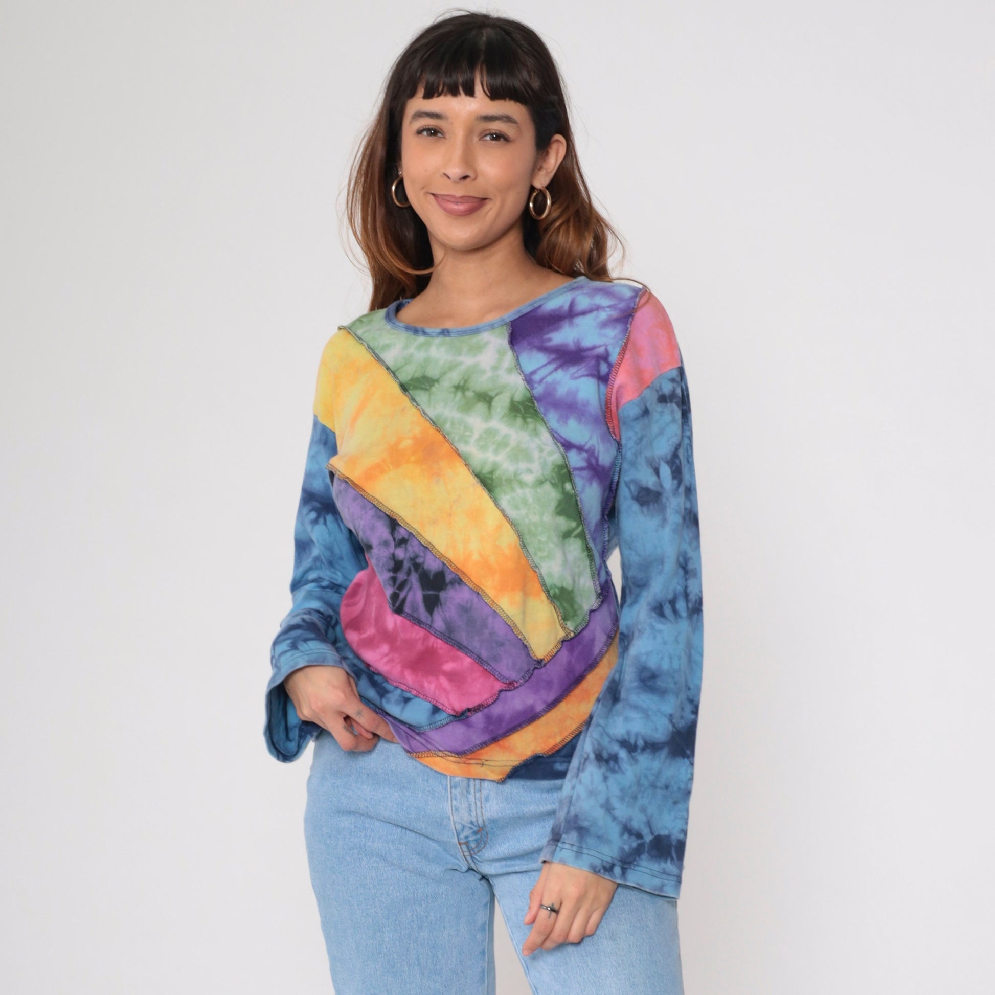 00s Tie Dye Panel Long Sleeve T Shirt Blue Green Yellow Purple Cotton Medium