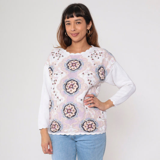 90s Floral Knit Sweater White Embroidered Glitter Scalloped Pullover Small