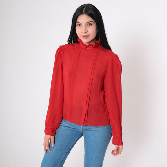 80s Red Puff Sleeve Blouse High Ruffled Neck Pleated Semi-Sheer Medium