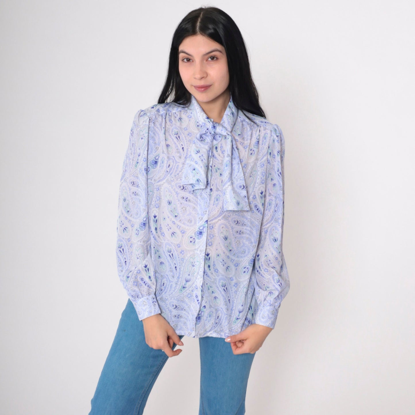 70s Paisley Ascot Blouse Purple White Puff Sleeve Button Up Medium M