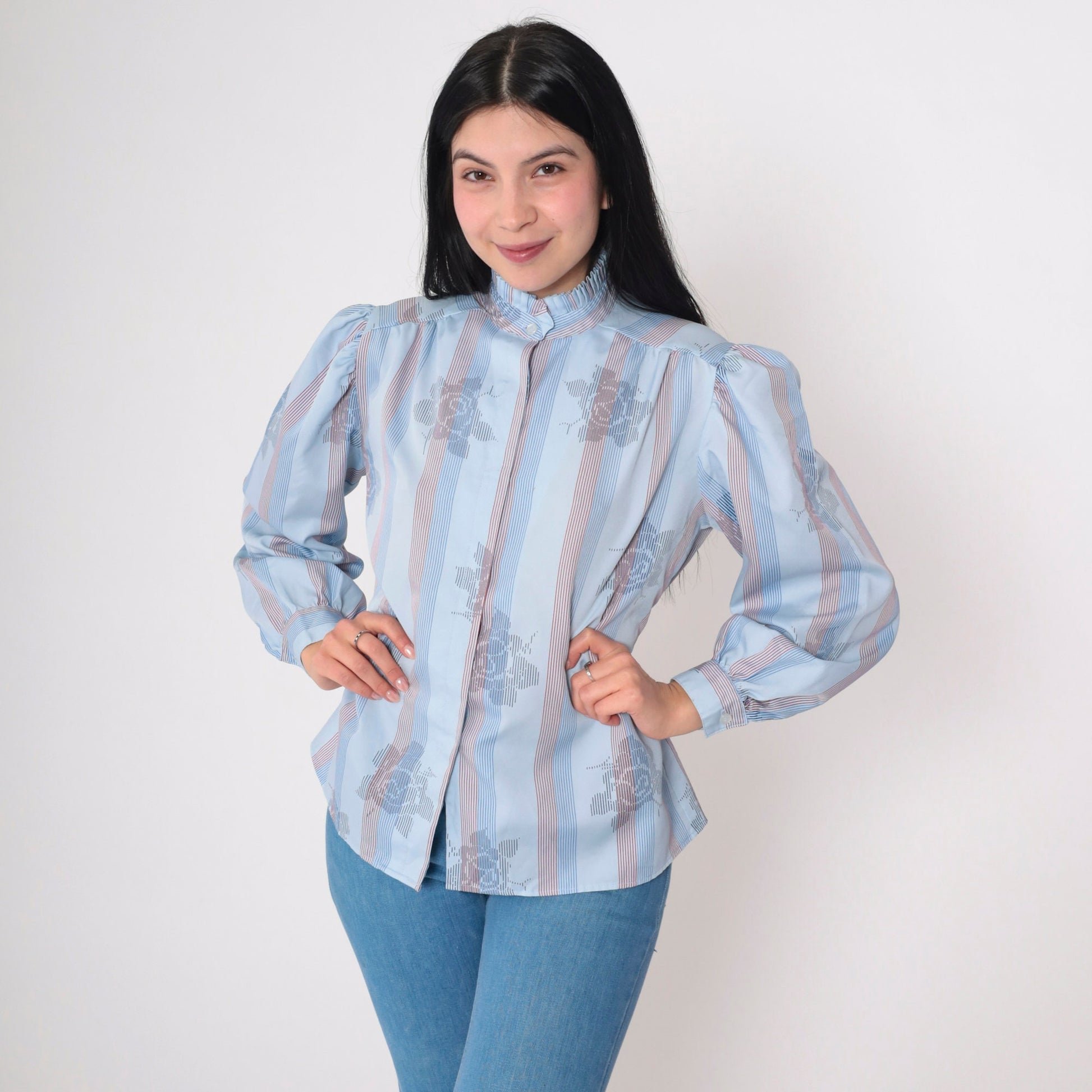 70s Blue Striped Floral Rose Button-Up Blouse High Pleated Neck Long Sleeve Medium M