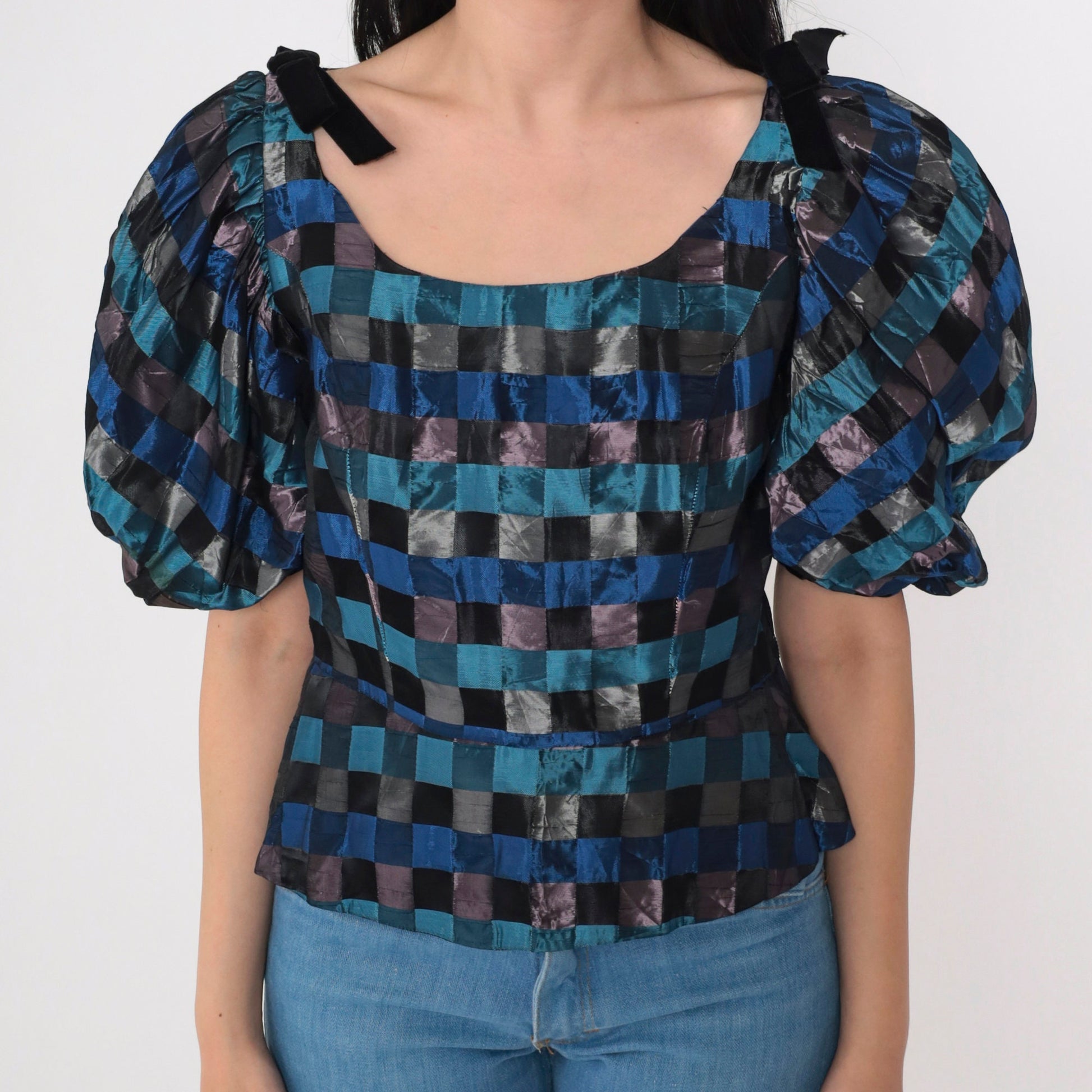 60s Charles Glueck Checkered Peplum Blouse Puff Sleeve Blue Black Extra Small