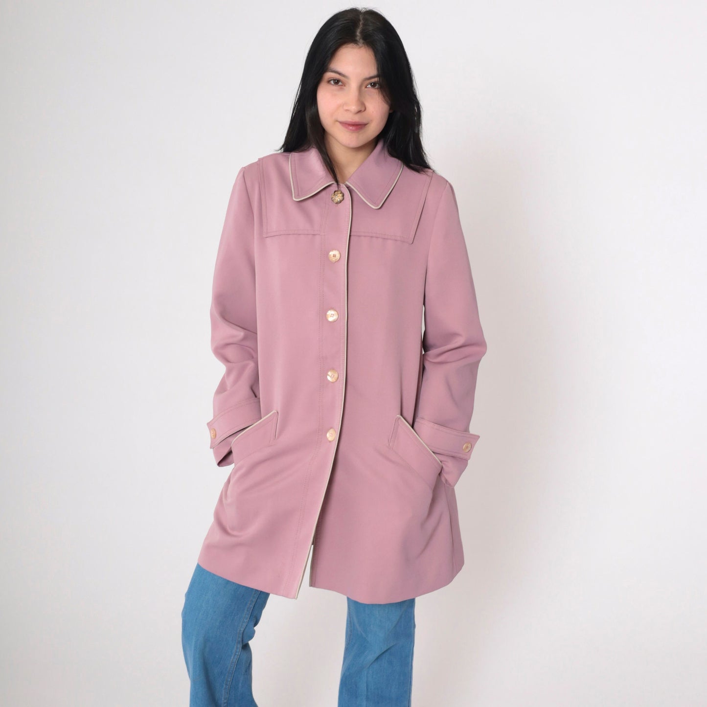 80s Mauve Button-Up Trench Coat Knee Length Extra Small XS