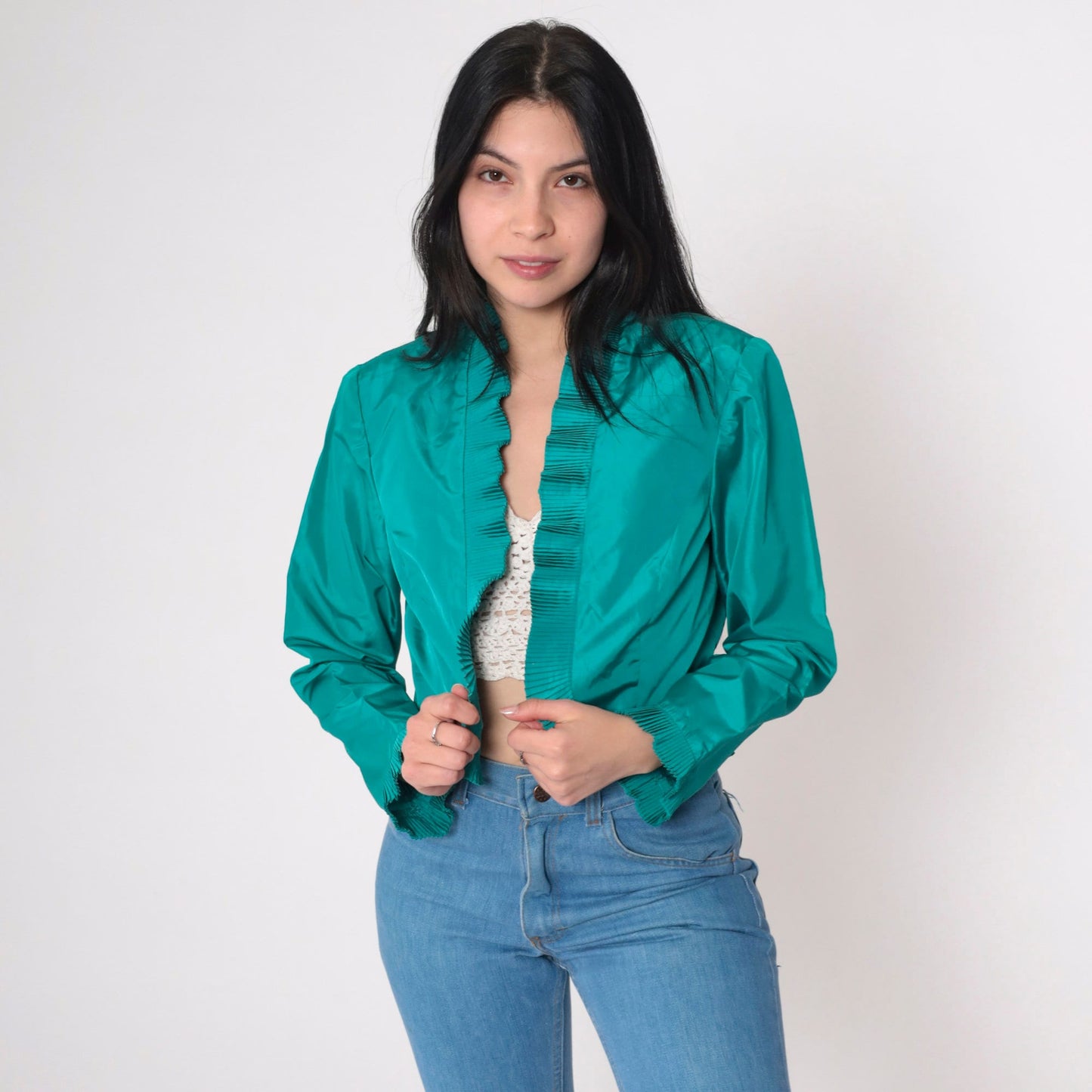 70s Miss Elliette Teal Cropped Jacket Open Front Knife Pleat Small