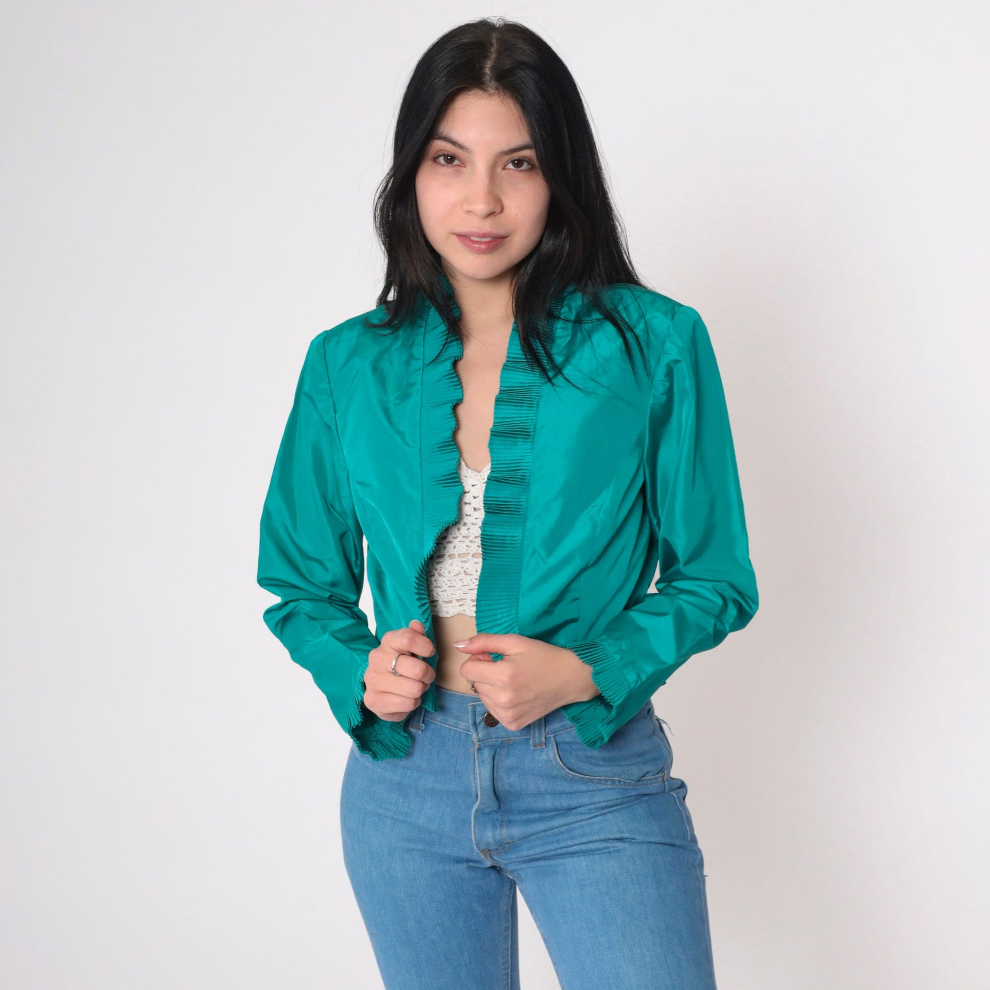 70s Miss Elliette Teal Cropped Jacket Open Front Knife Pleat Small