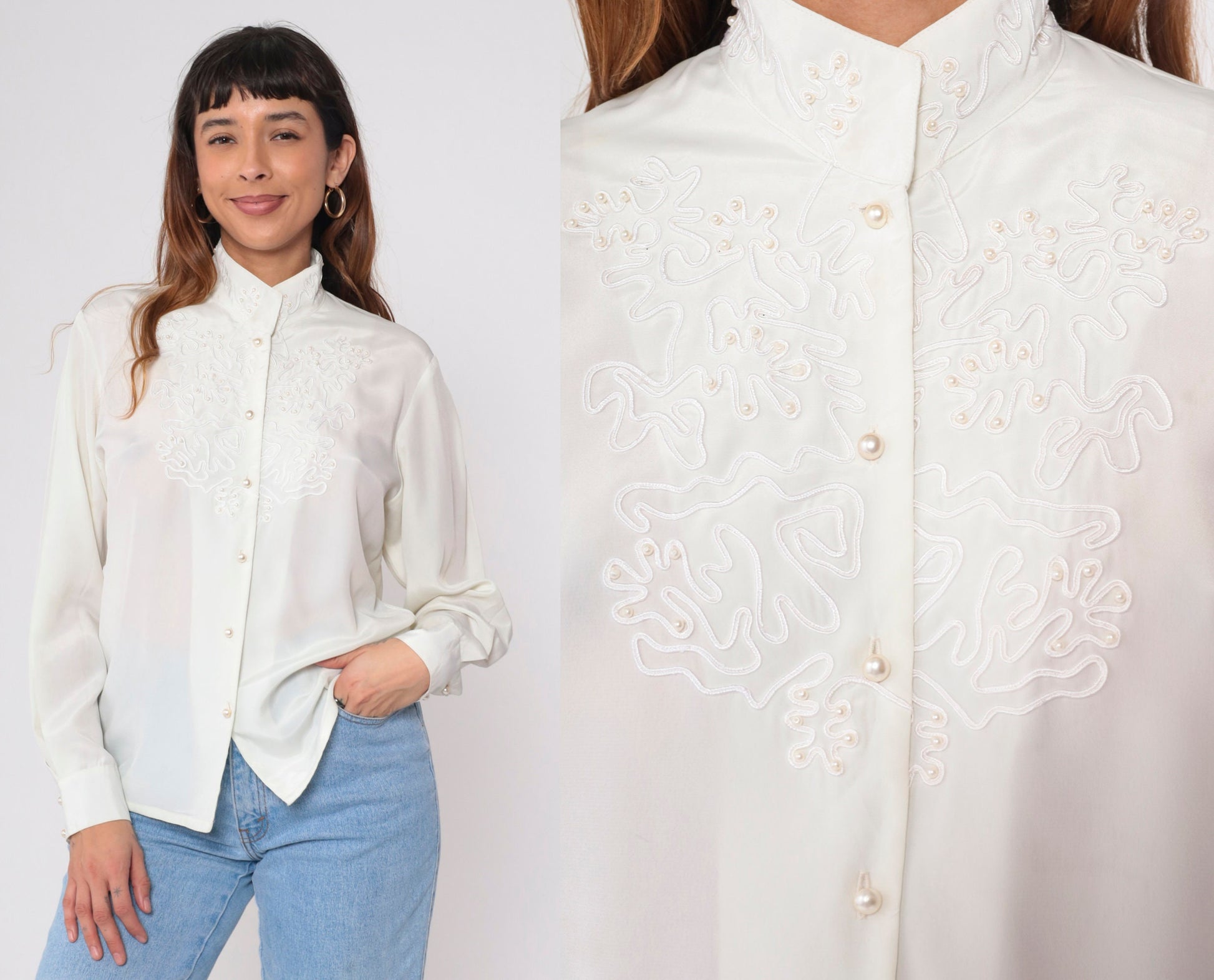 80s White Pearl Beaded Blouse Soutache Stand Collar Button-Up Medium