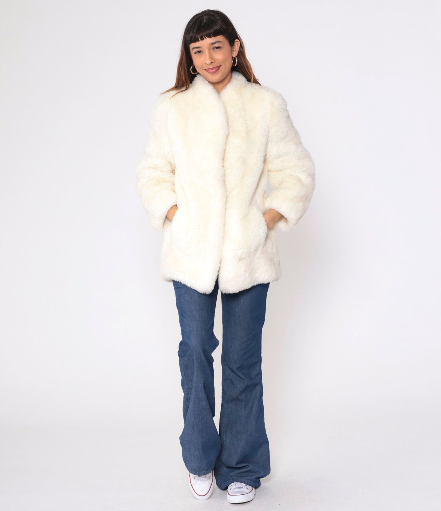 80s Cream Faux Fur Coat Hook Eye Closure Vintage Small S