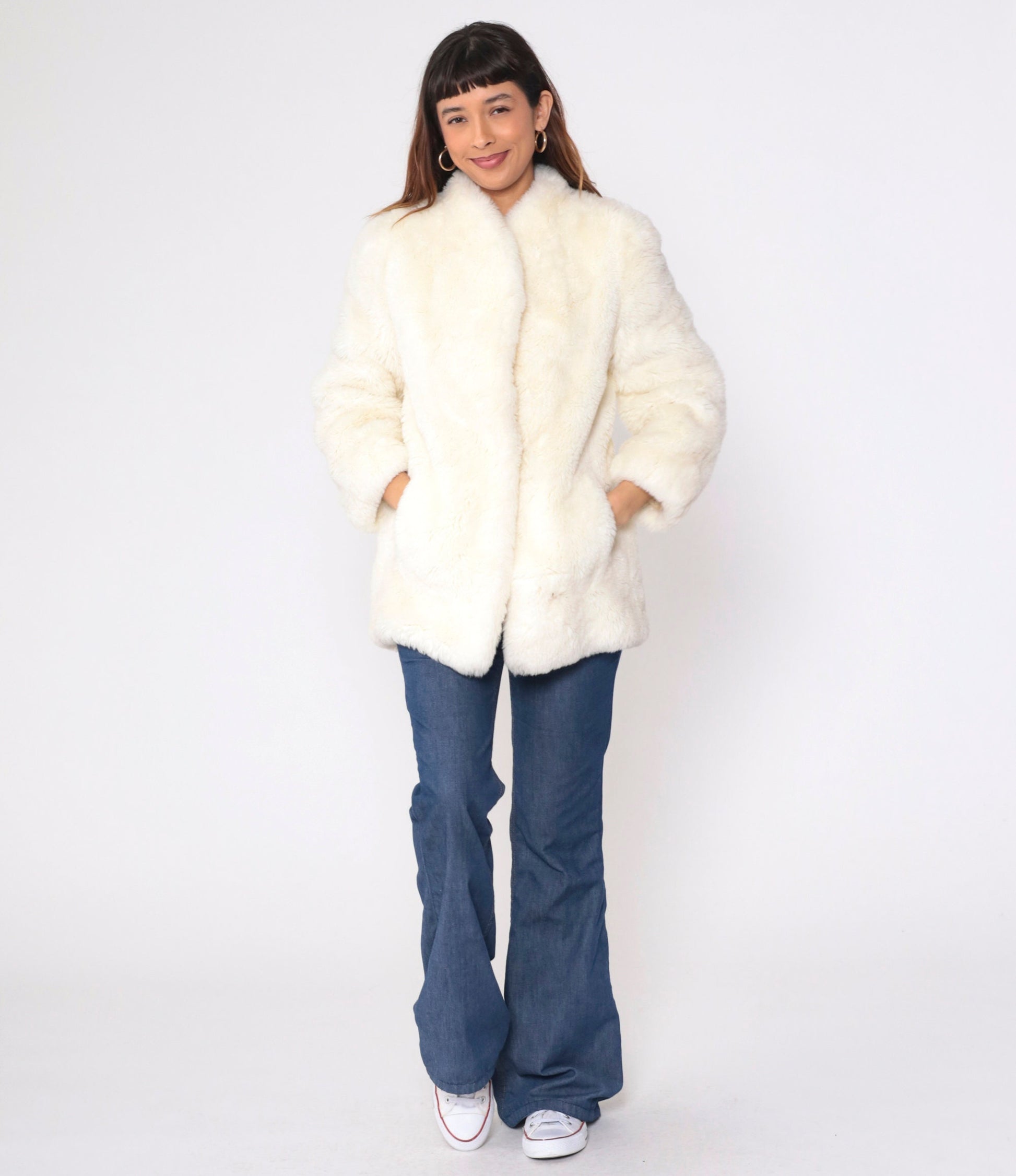 80s Cream Faux Fur Coat Hook Eye Closure Vintage Small S