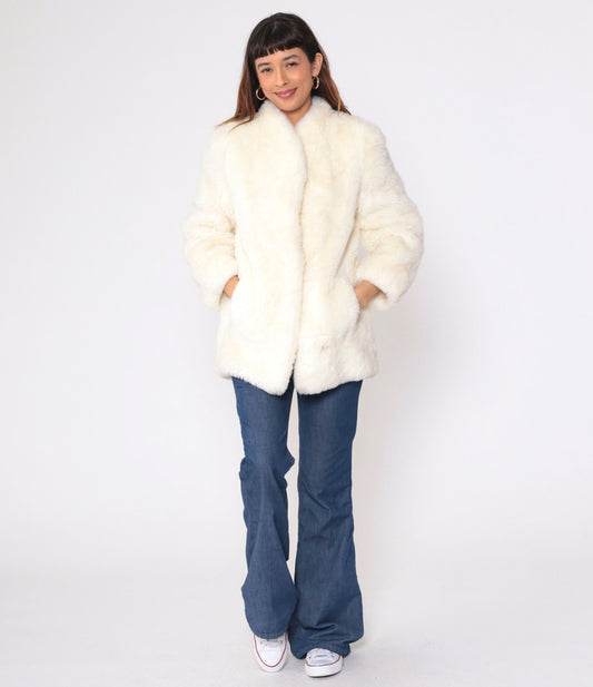 80s Cream Faux Fur Coat Hook Eye Closure Vintage Small S