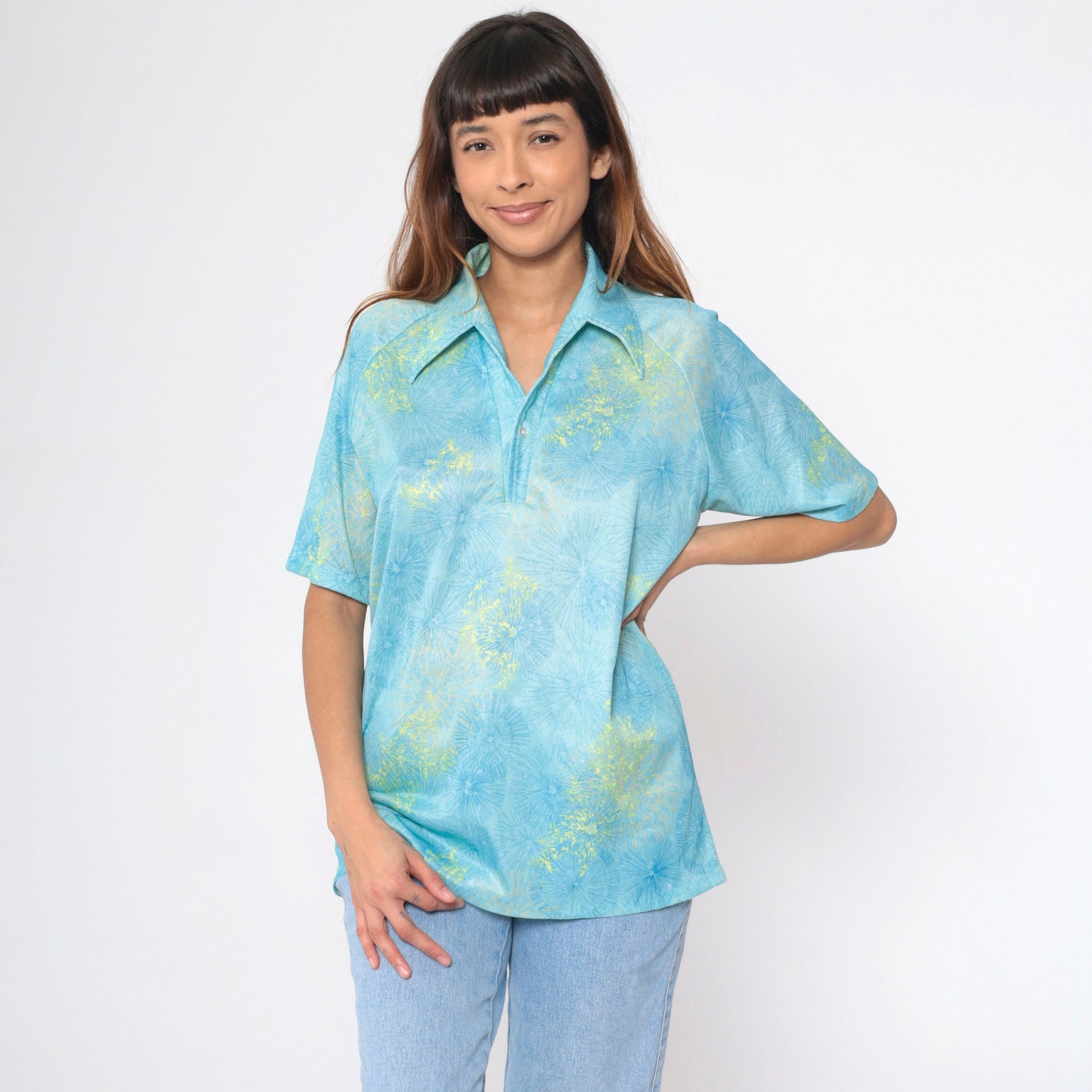 70s Lilly Dasche Blue Dandelion Floral Button-Up Shirt Raglan Large L