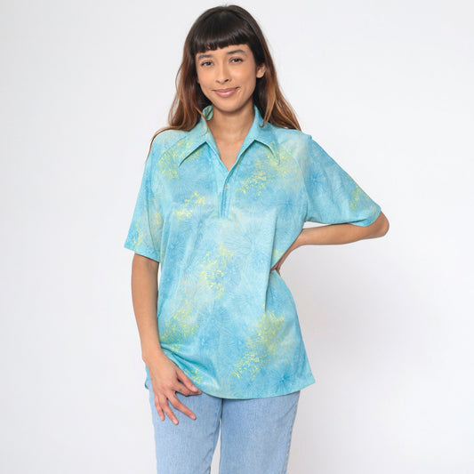 70s Lilly Dasche Blue Dandelion Floral Button-Up Shirt Raglan Large L