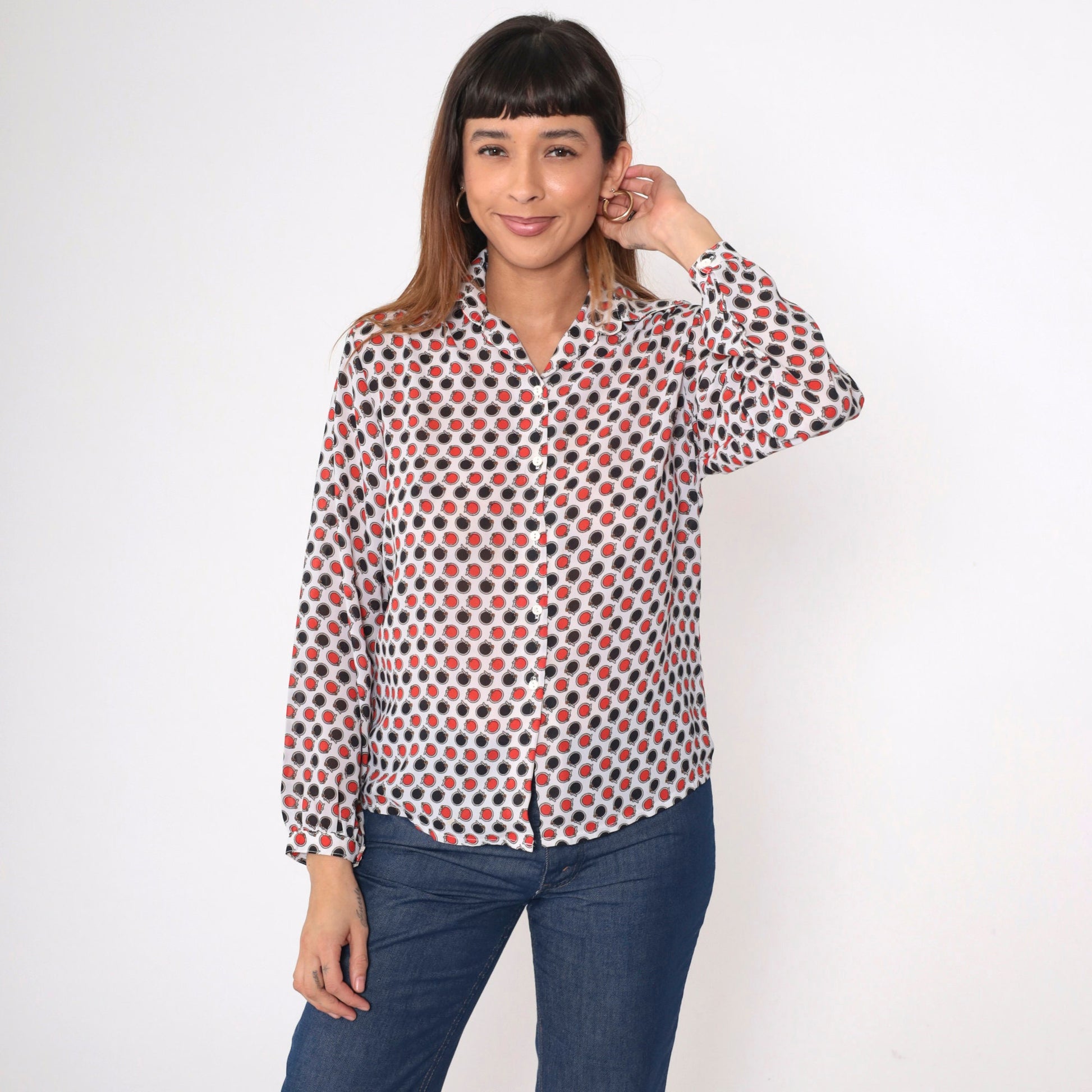 70s Circle Belt Print Button-Up Blouse Polka Dot Red Black White Medium
