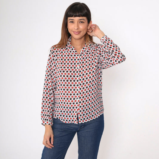 70s Circle Belt Print Button-Up Blouse Polka Dot Red Black White Medium