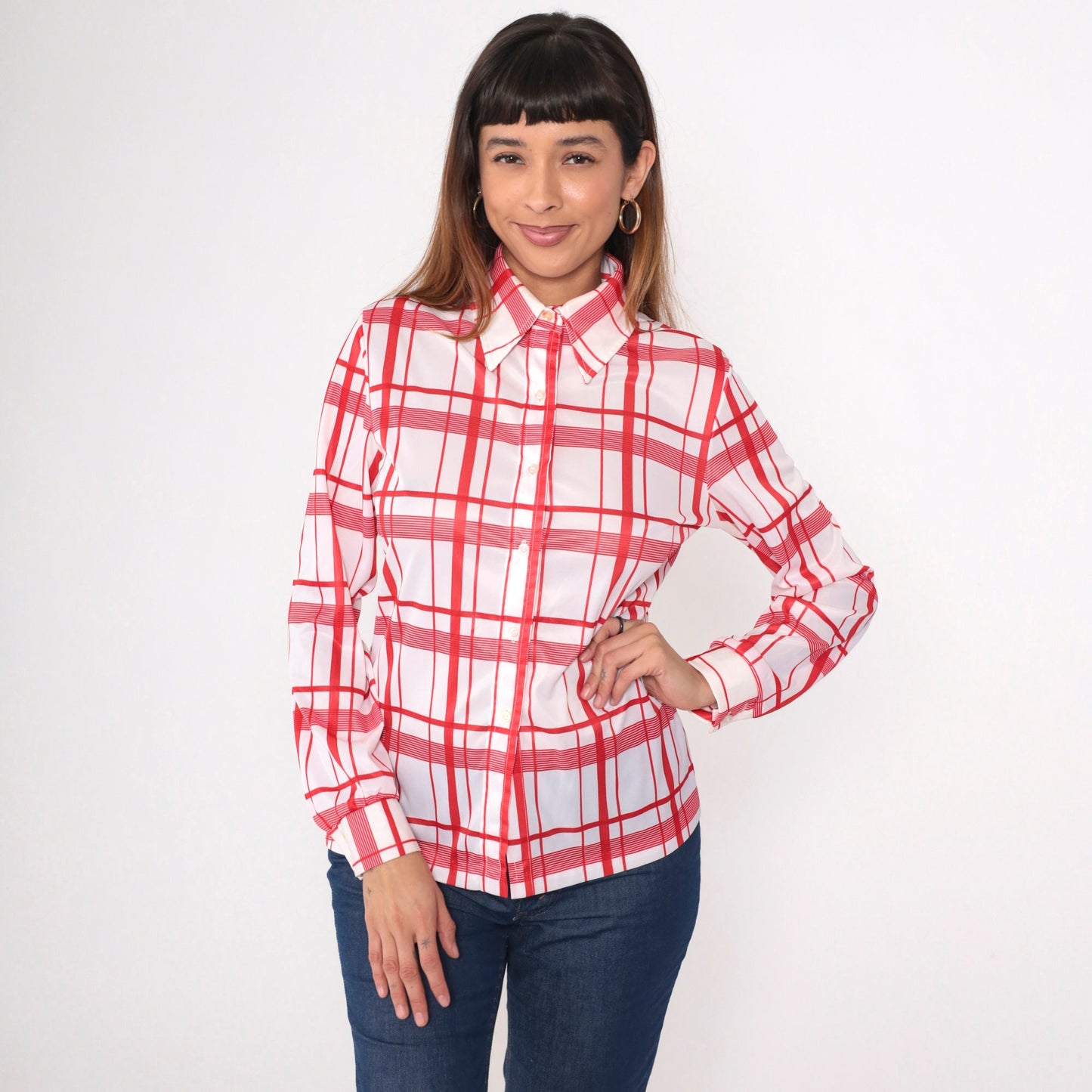 70s Jack Winter Plaid Button-Up Blouse Red White Dagger Collar Medium