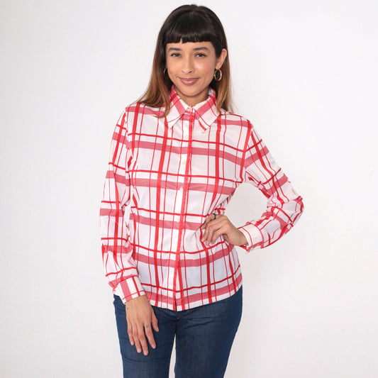 70s Jack Winter Plaid Button-Up Blouse Red White Dagger Collar Medium