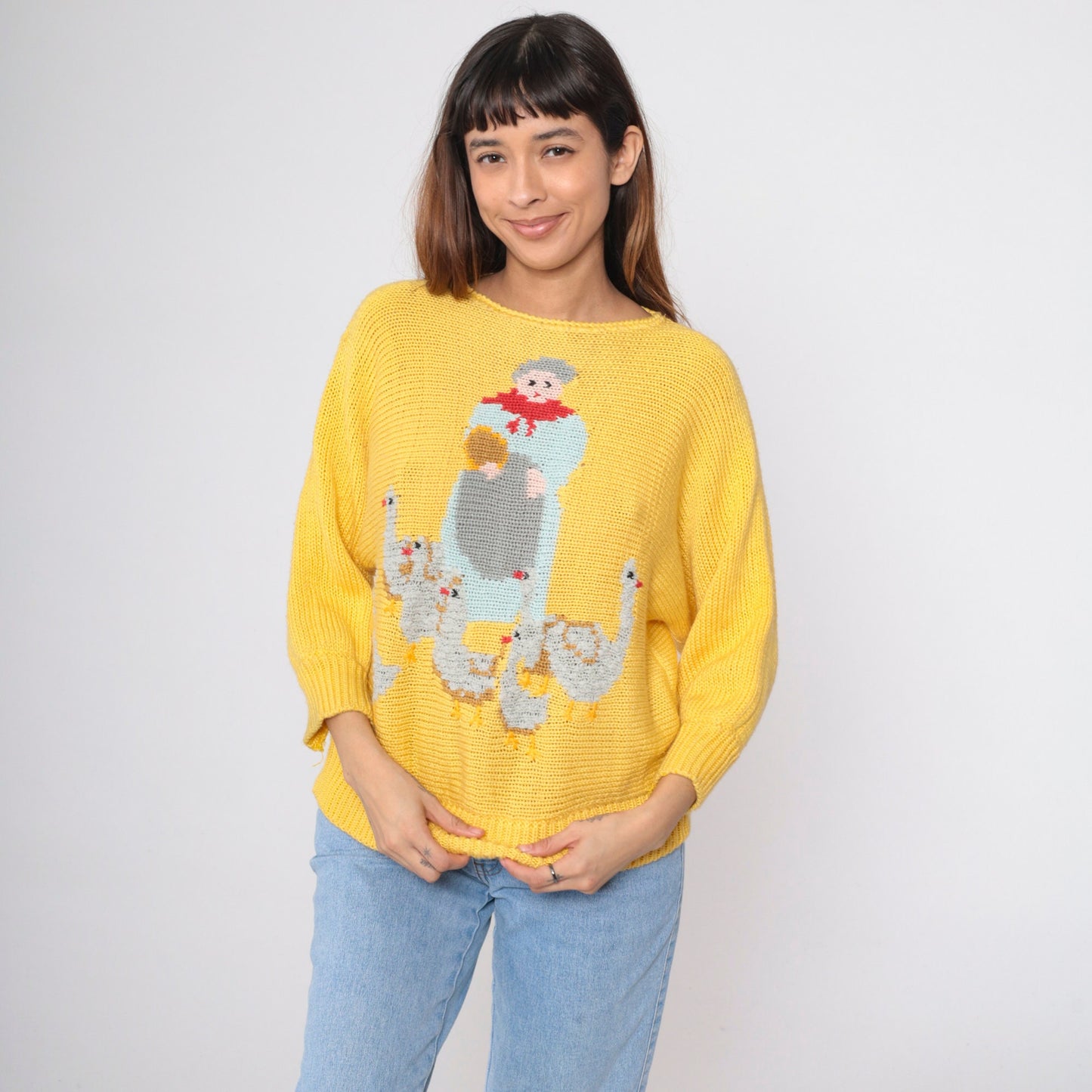 80s Mother Goose Farm Animal Yellow Dolman Sweater Novelty Knit Small