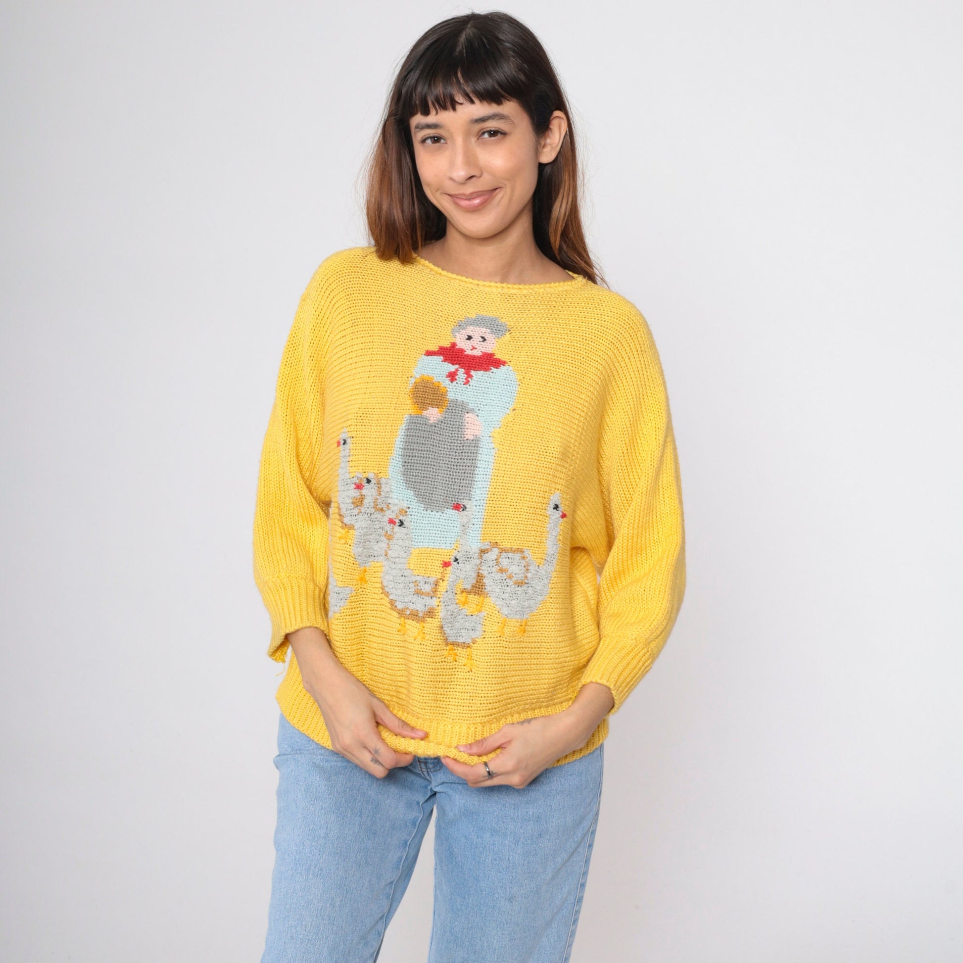 80s Mother Goose Farm Animal Yellow Dolman Sweater Novelty Knit Small