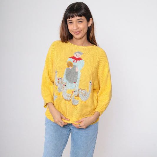 80s Mother Goose Farm Animal Yellow Dolman Sweater Novelty Knit Small