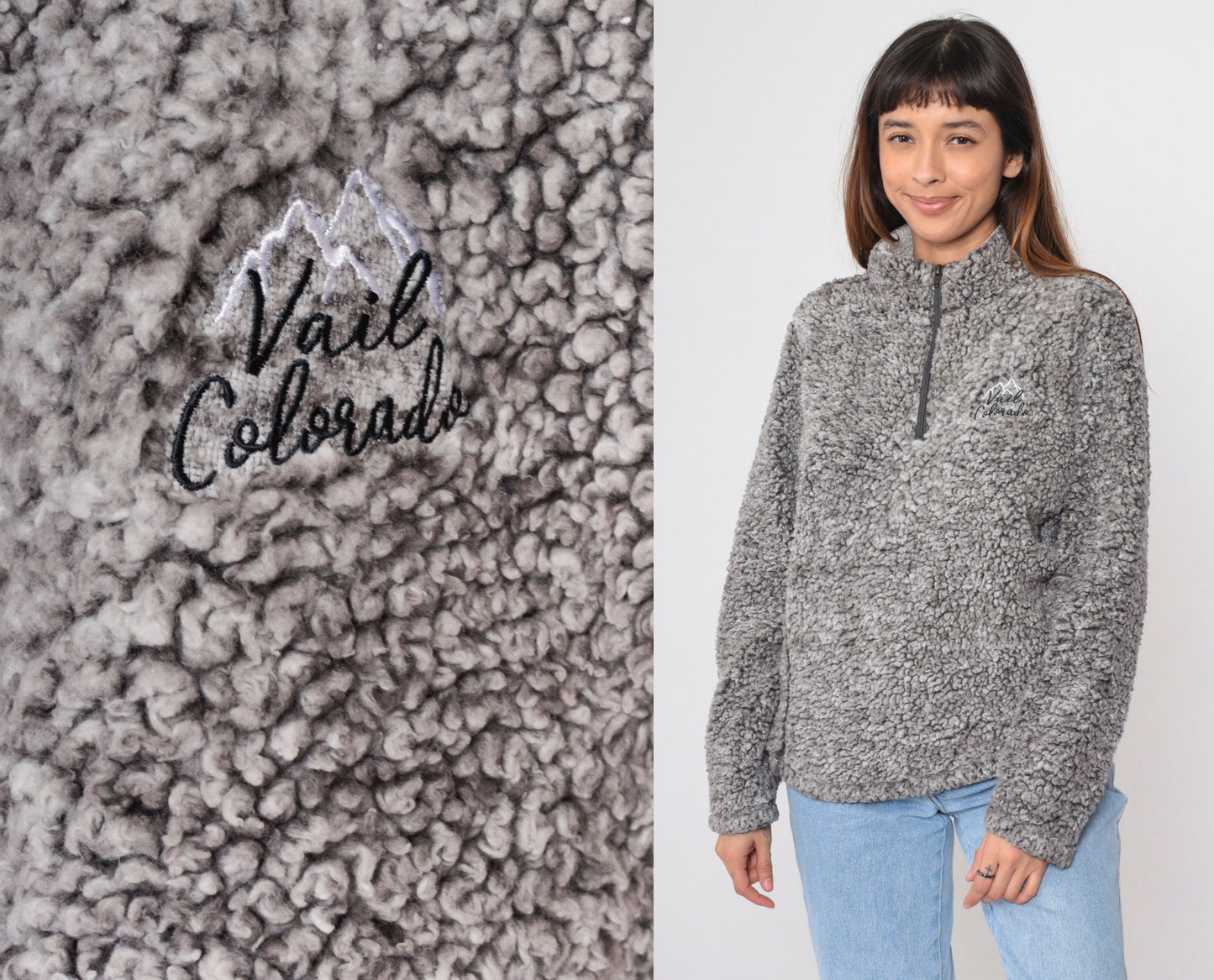 90s Vail Colorado Fleece Quarter Zip Mock Neck Sweatshirt Grey Large L