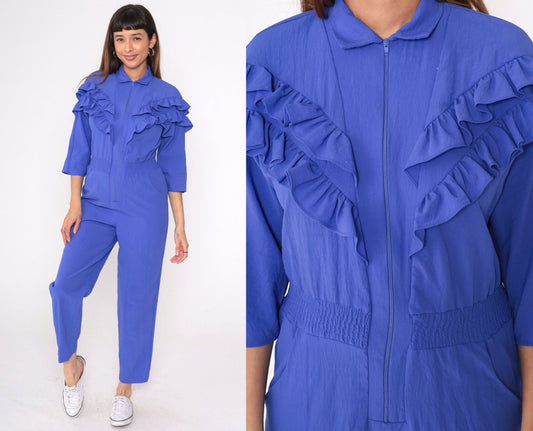 80s Purple Ruffled Jumpsuit High Waisted Tapered Zipper Front 3/4 Sleeve Medium Petite
