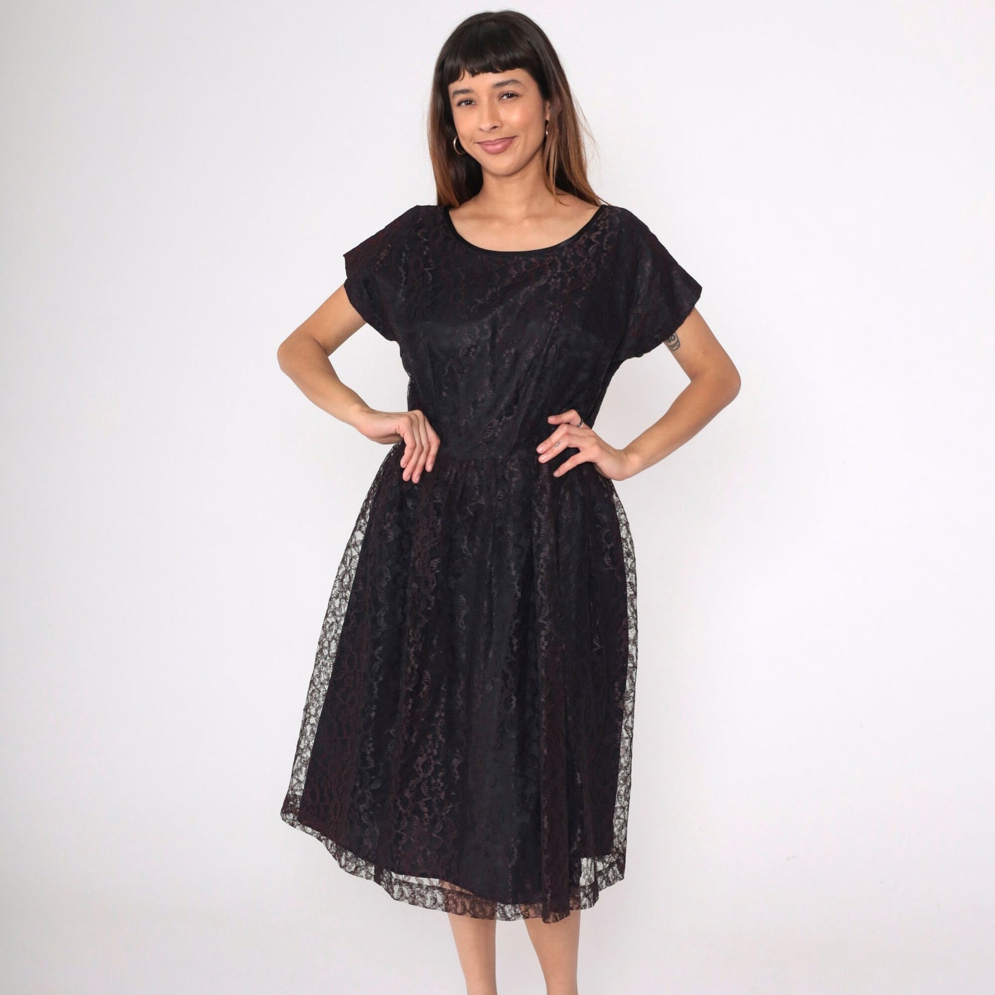 1960s Brown Lace Dress Tea Length High Waist Short Sleeve Black Lining Large L