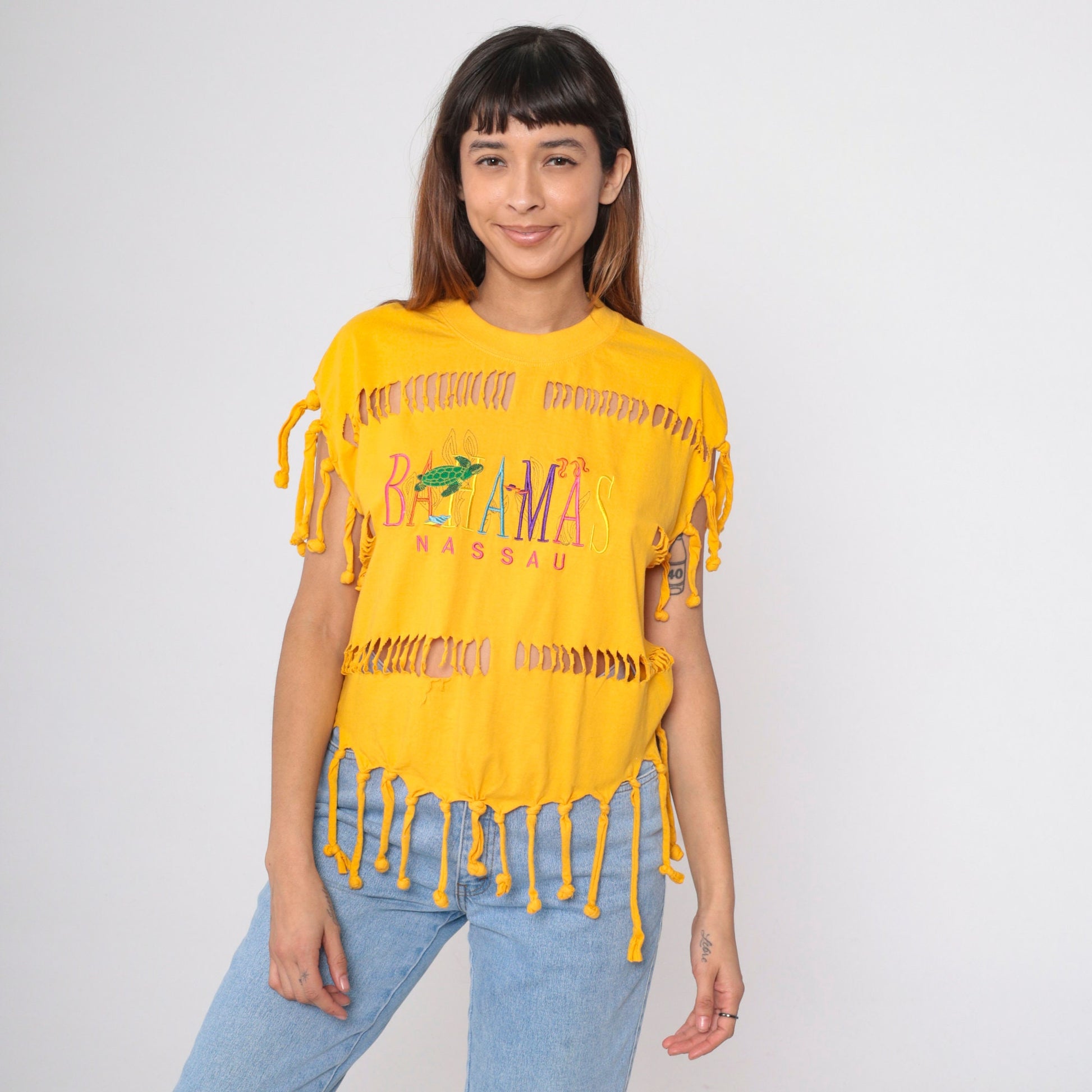90s Bahamas Nassau Turtle Cutout T-Shirt Yellow Graphic Tee Medium