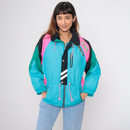 90s Demetre Ski Jacket Turquoise Hot Pink Color Block Puffer Small