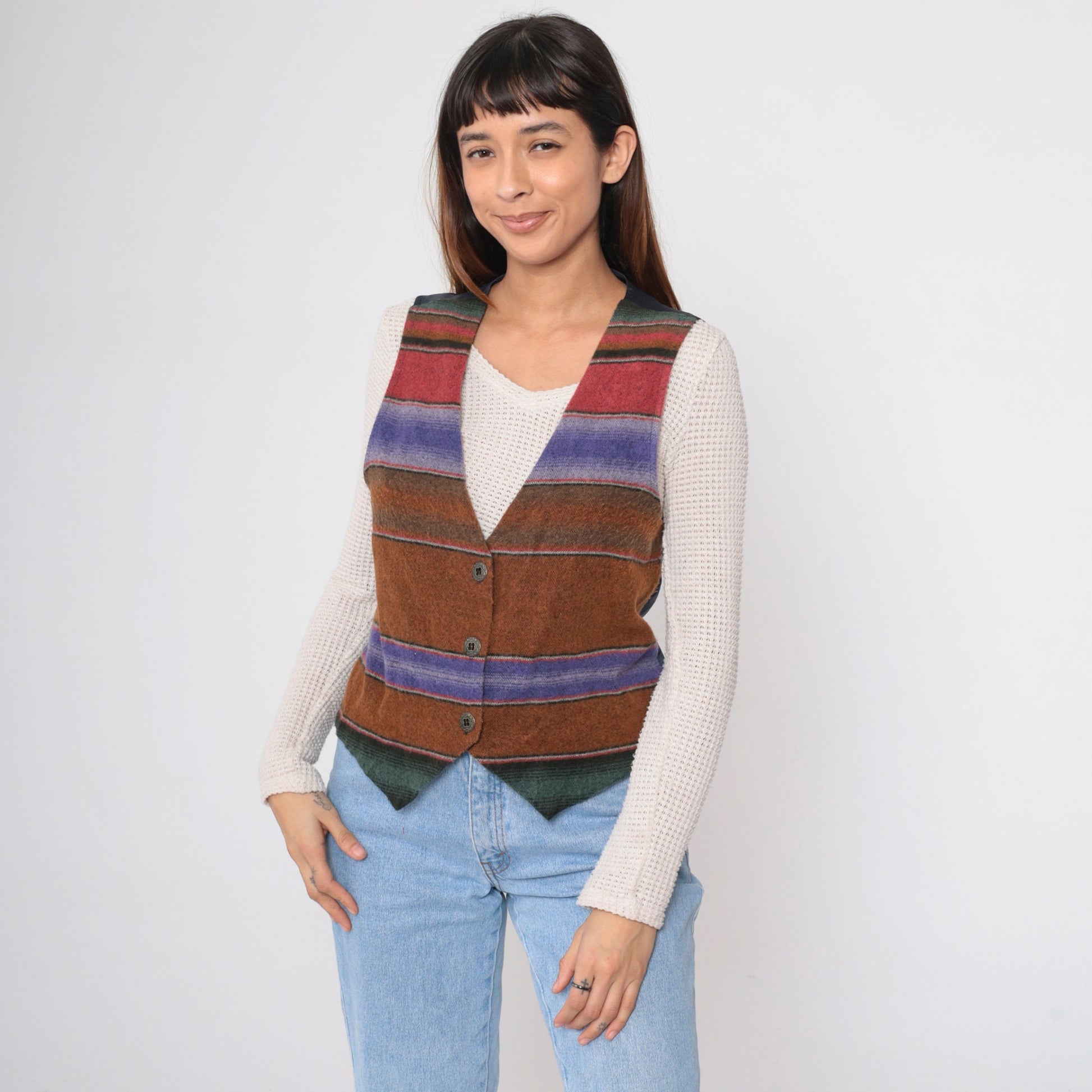 90s Fritzi Sport Southwestern Vest Brown Striped Button-Up Medium