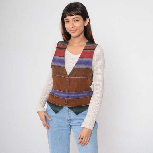 90s Fritzi Sport Southwestern Vest Brown Striped Button-Up Medium
