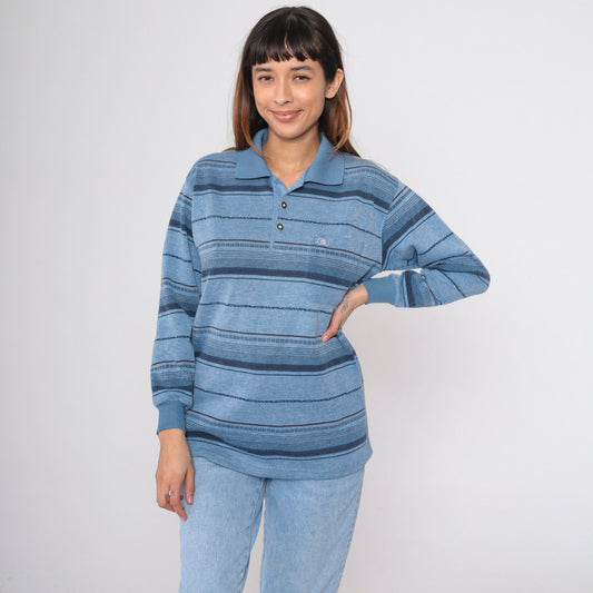 90s Blue Striped Long Sleeve Polo Shirt Men's Small