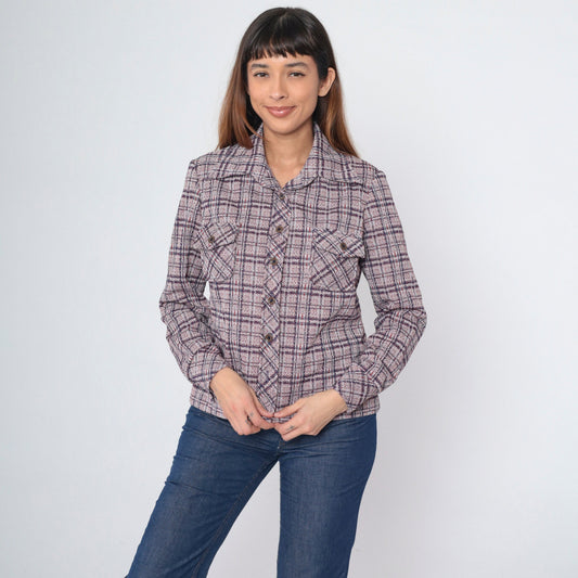 70s Act II Plaid Button-Up Shirt Red Blue Tartan Chest Pocket Medium