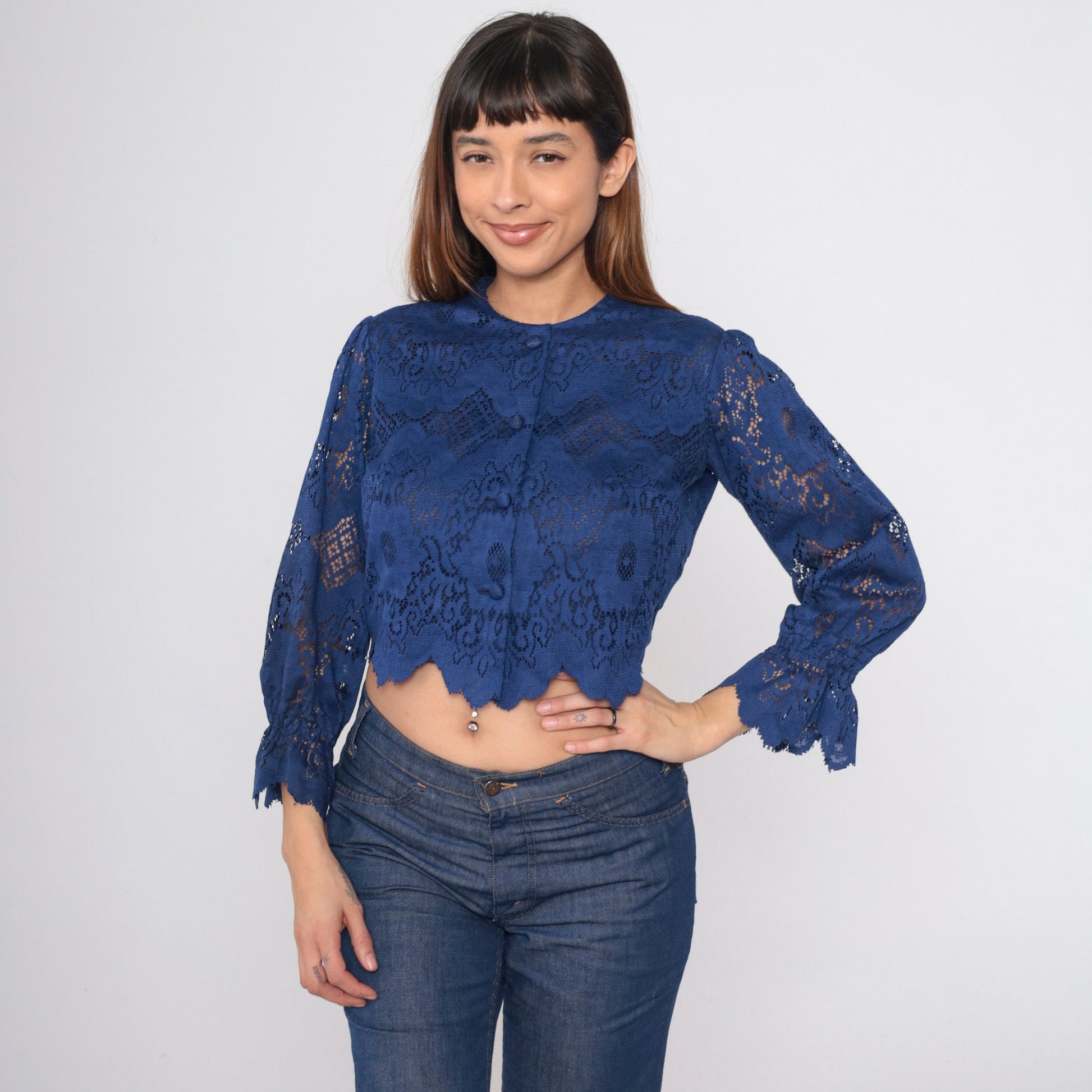 70s Dark Blue Lace Blouse Puff Sleeve Button-Up Crop Top Scalloped Small Medium