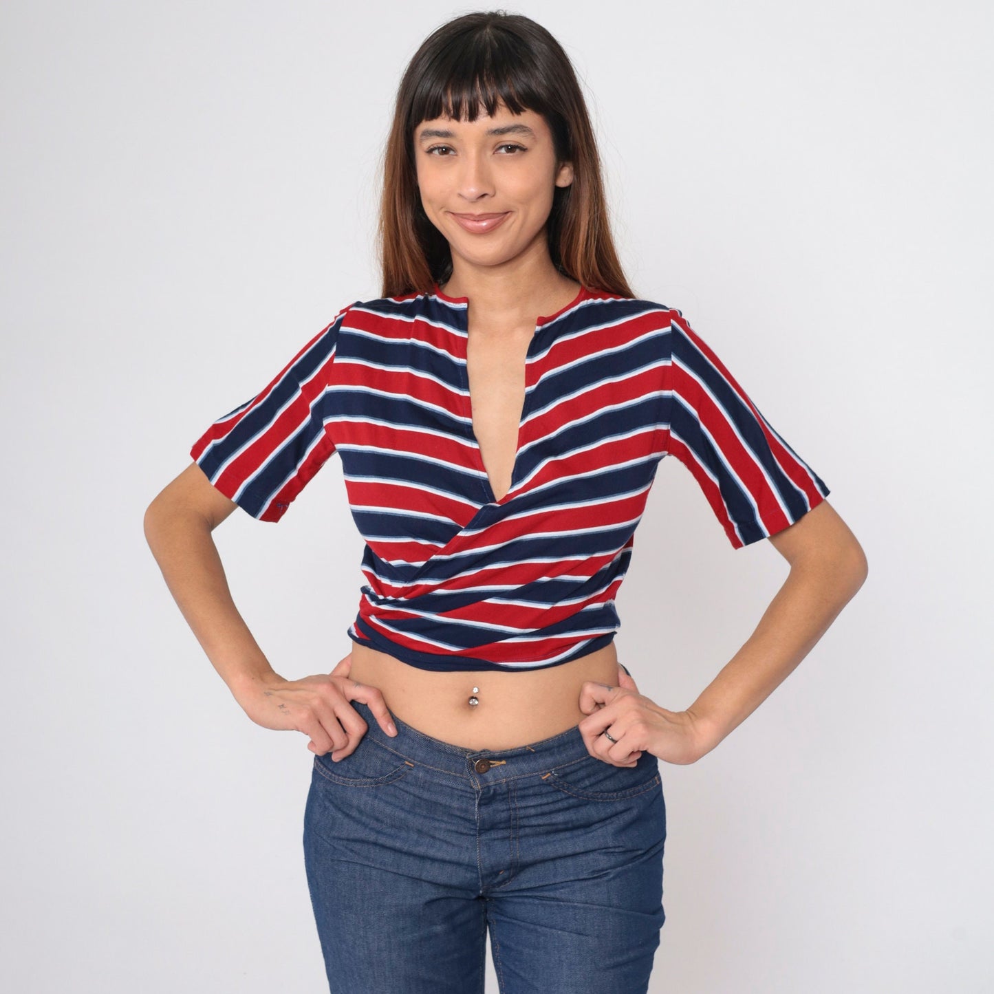 70s Red White Blue Striped Wrap Crop Top Short Sleeve V-Neck Medium Large
