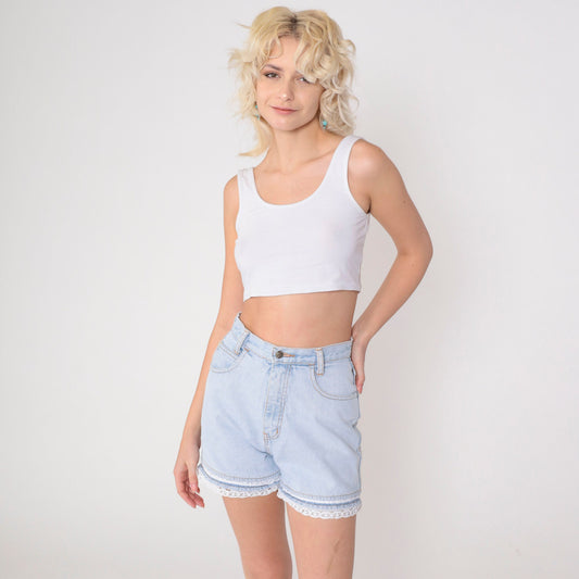 90s High-Waisted Denim Shorts Blue Lace Trim Jean Shorts Small