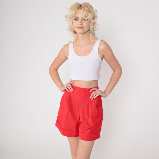80s Red Pleated High-Waisted Shorts Paper Bag Yoke Button Side Small